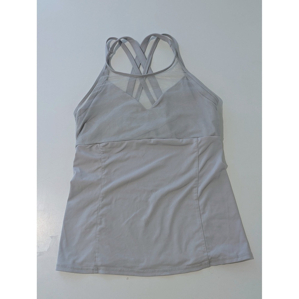 Alo Yoga Gray Mesh V-Neck Strappy Back Activewear Tank Top with Shelf Bra Size M